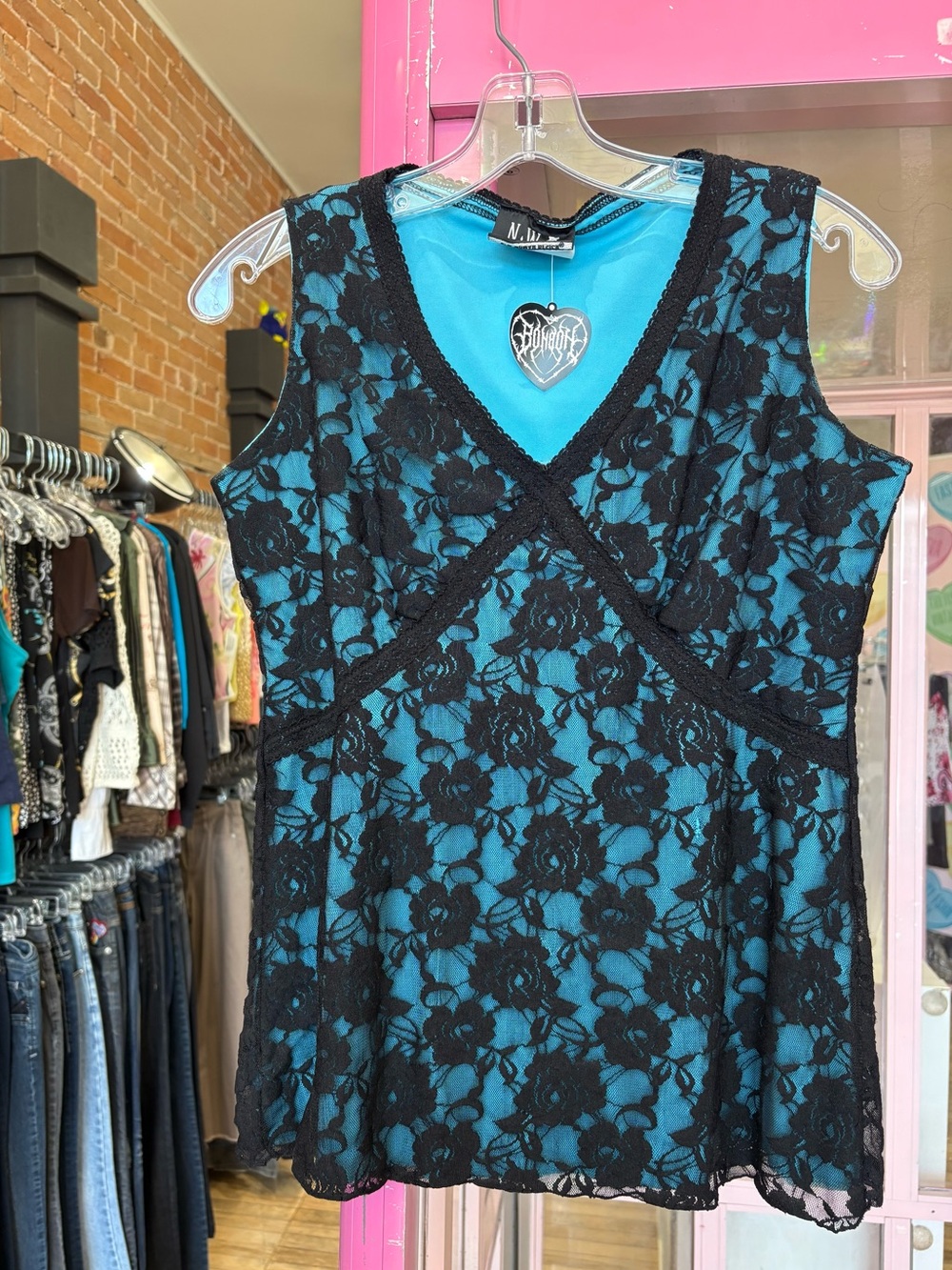 Vintage Y2K Teal and Black Lace Sleeveless Cami